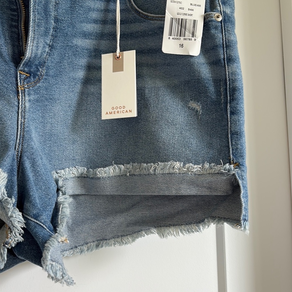 Good American Good Curve Shorts Blue Distressed High-Waisted - Picture 3 of 10
